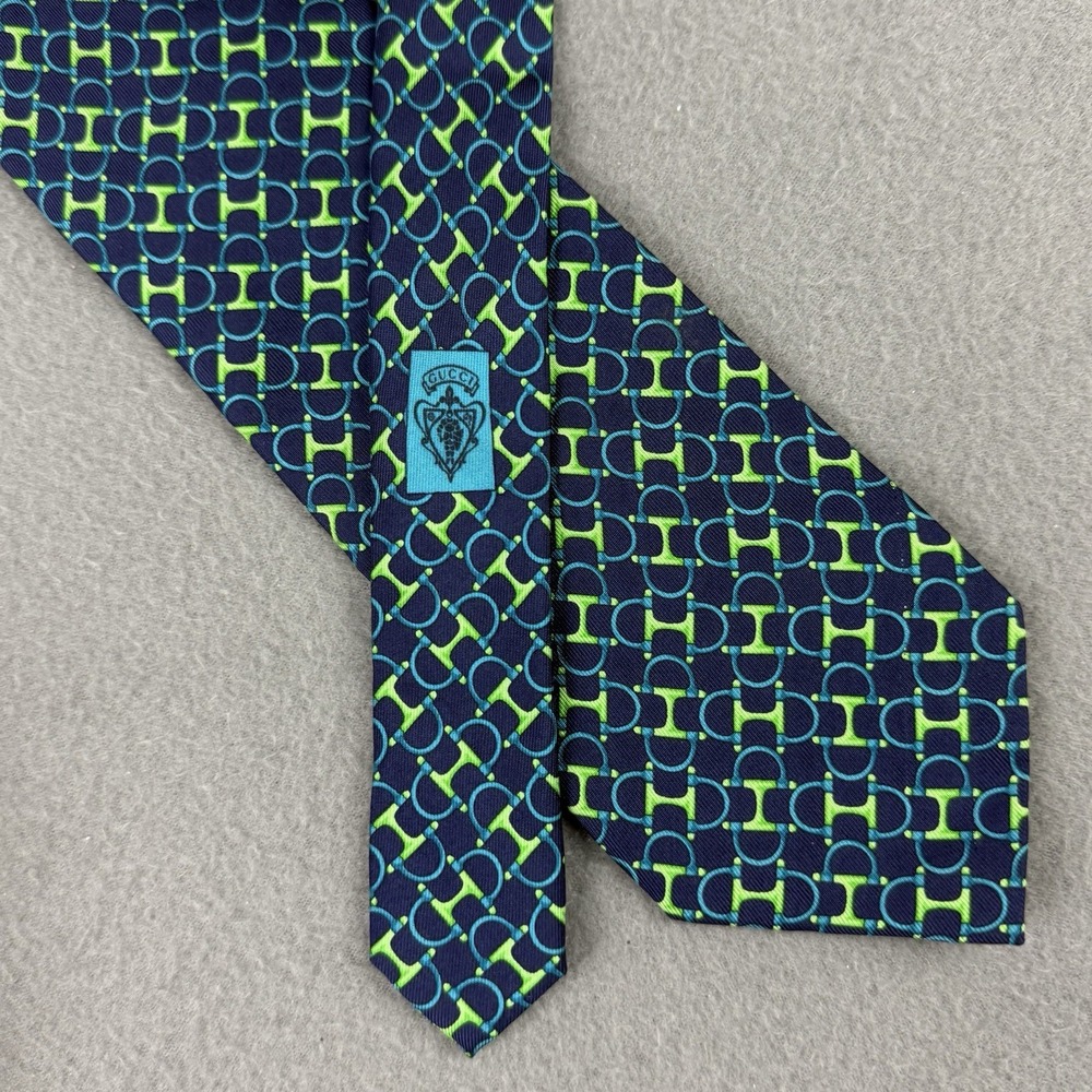 GUCCI Tie Silk for Horsebit Green Navy Blue Background Made in Italy‎